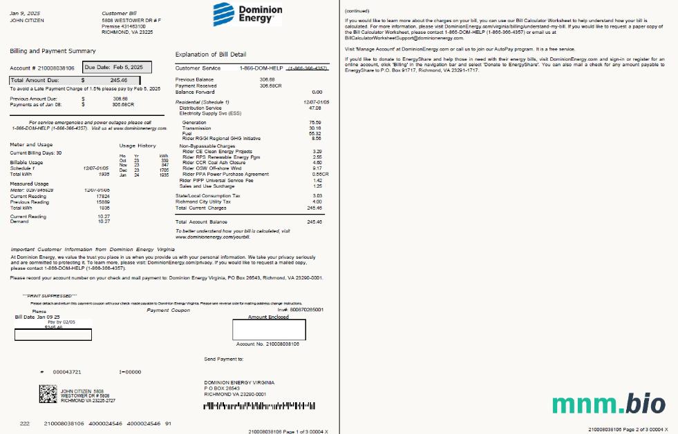 Szablon rachunku energetycznego USA Dominion w formatach Word i PDF, 3 strony, 1-2 strony